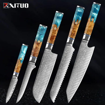 Japanese 67-Layer Damascus Steel Kitchen Knife Set Utility Knife Meat Slicer Vegetable Knife Boning Knife Ergonomic Handle