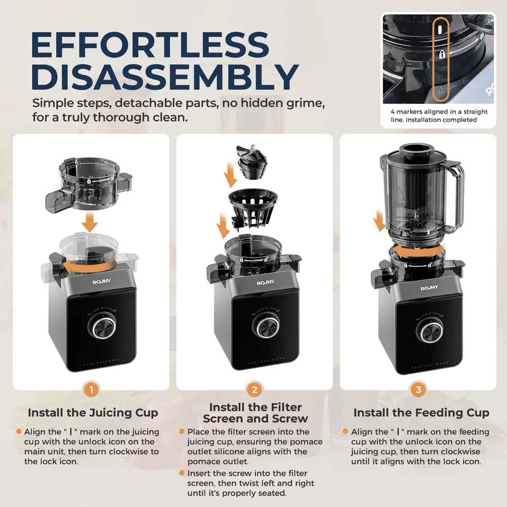 ROUNY Cold Press Extractor with Filter-Free, Easy Clean Electric Fruit Slow Juicer Machine with Large Feed Caliber,  Black