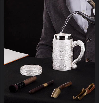 Tea pot insulated cup inner wall pure silver 99.9% 600ml insulated cup stainless steel handle office cup travel coffee cup