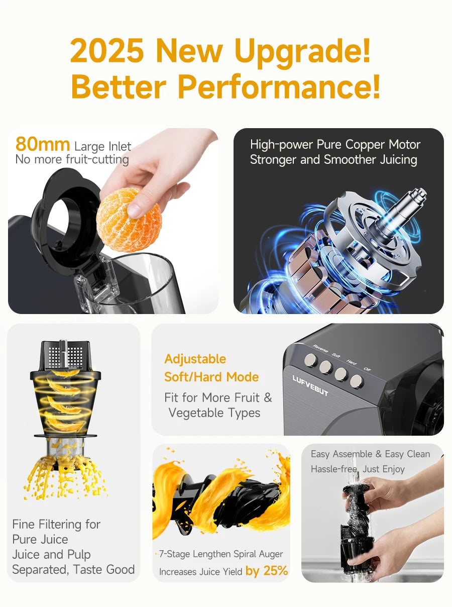 LUFVEBUT Large Calibre Slow Juicer 250W Cold Press Masticating Extractor BPA Free High Juice Yield Safe Kitchen Gadget