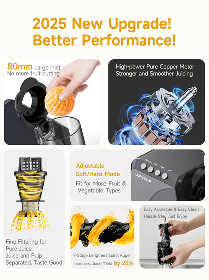 LUFVEBUT Large Calibre Slow Juicer 250W Cold Press Masticating Extractor BPA Free High Juice Yield Safe Kitchen Gadget