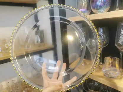16pcs/30pcs/50pcs/100pcs/200pcs Clear Plastic Charger Plates with Gold Beads Rim Acrylic Decorative Service Plate