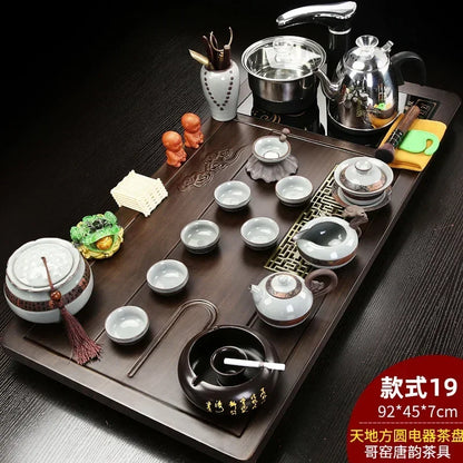 Solid Wood Tea Tray with Purple Sand Kung Fu Tea Set & Induction Cooker – Premium Chinese Gongfu Teaware