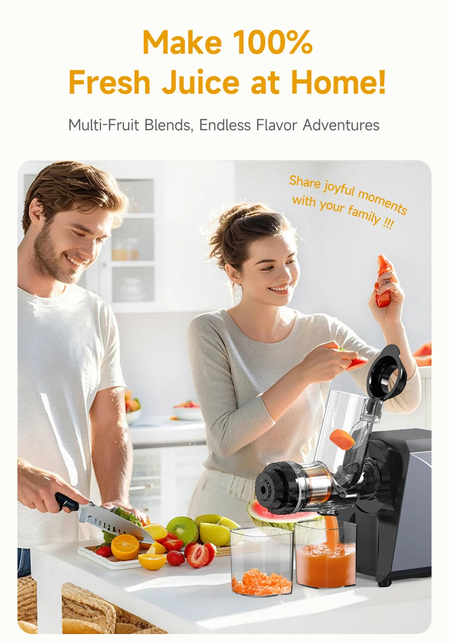 LUFVEBUT Large Calibre Slow Juicer 250W Cold Press Masticating Extractor BPA Free High Juice Yield Safe Kitchen Gadget