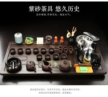 Solid Wood Tea Tray with Purple Sand Kung Fu Tea Set & Induction Cooker – Premium Chinese Gongfu Teaware