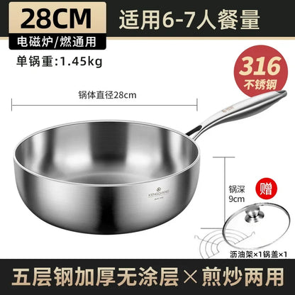 Stainless Steel Frying Pan 316 Stainless Steel Flat Bottomed Frying Pan Deep Uncoated Induction Cooker Vegetable Frying Pan