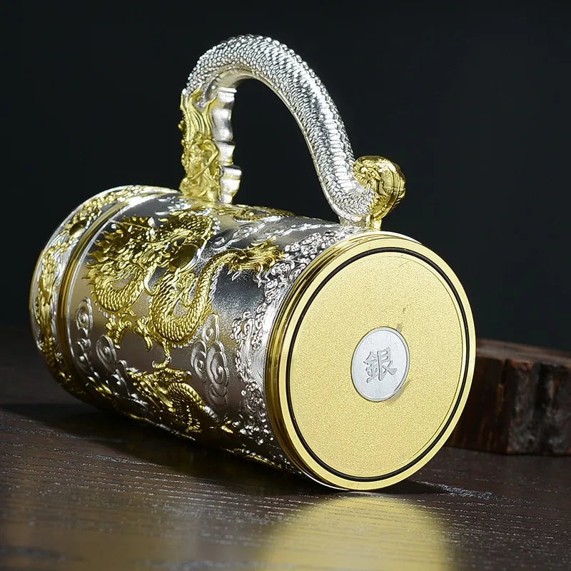 Tea pot insulated cup inner wall pure silver 99.9% 600ml insulated cup stainless steel handle office cup travel coffee cup