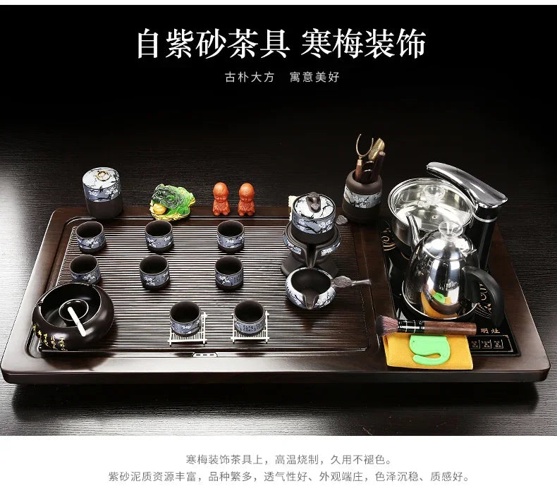 Solid Wood Tea Tray with Purple Sand Kung Fu Tea Set & Induction Cooker – Premium Chinese Gongfu Teaware