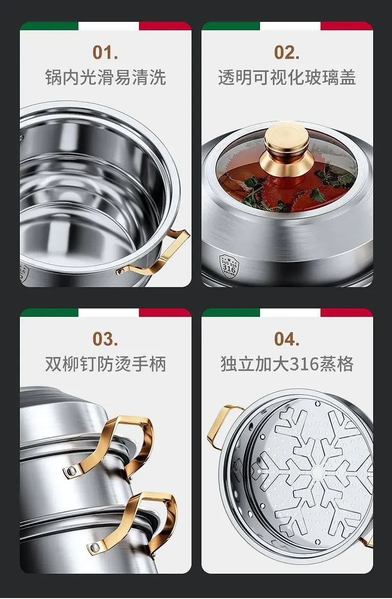 316 stainless steel steamer household food grade thickened soup pot steamed steamed buns four-layer induction cooker universal