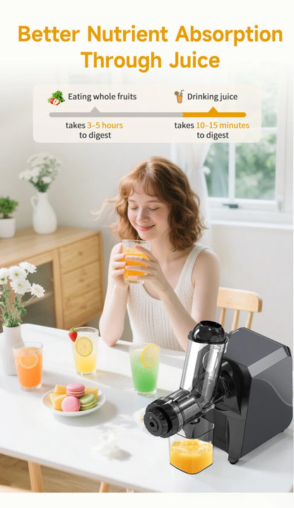 LUFVEBUT Large Calibre Slow Juicer 250W Cold Press Masticating Extractor BPA Free High Juice Yield Safe Kitchen Gadget