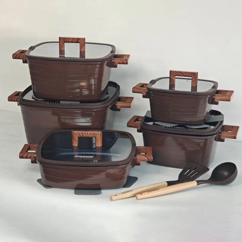 DONNOR 15-Piece Non-Stick Cookware Set – Square Soup Pot, Frying Pan, Milk Pot & Stew Pots with Bakelite Handles