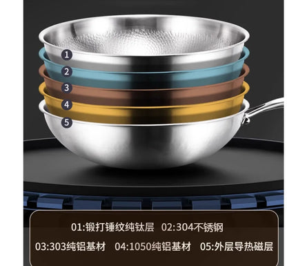 Titanium Wok Pure Titanium Uncoated Wok Household Flat Bottom Hammer Printing Physical Non-Stick Frying Pan