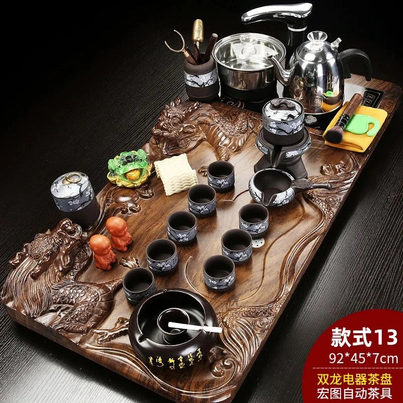 Solid Wood Tea Tray with Purple Sand Kung Fu Tea Set & Induction Cooker – Premium Chinese Gongfu Teaware