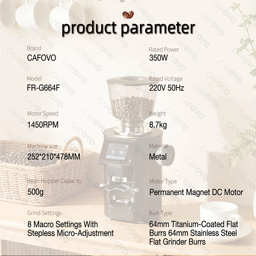 CAFOVO K64SC 64mm Flat Burr Espresso Grinder – Professional Weighing & Touch Screen Coffee Grinder