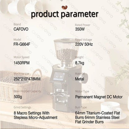 CAFOVO K64SC 64mm Flat Burr Espresso Grinder – Professional Weighing & Touch Screen Coffee Grinder