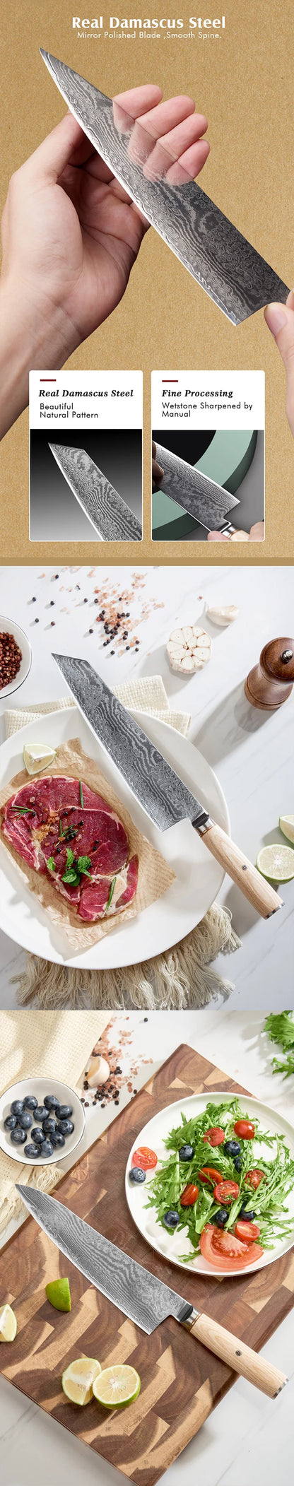 Extra Sharpness Blade Damascus Steel Powder Core S35VN 62-64 Hardness Kitchen Chef Knife