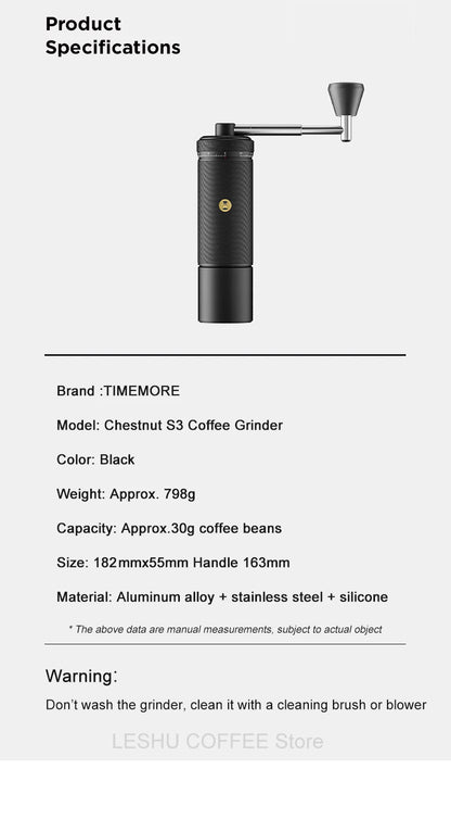 TIMEMORE Chestnut S3 Manual Coffee Grinder – S2C890 Burr, 0.015mm External Adjustment, Premium Hand Espresso Grinder