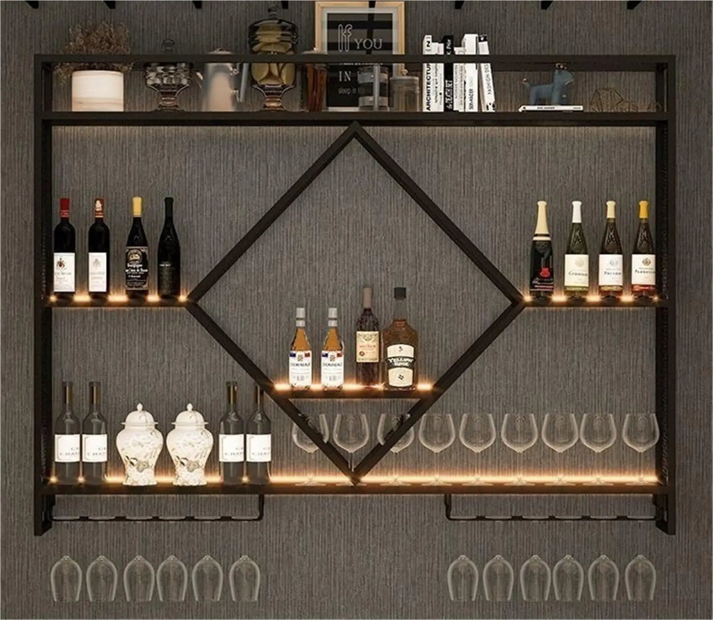 Metal Wall Bar Shelves with Wine Rack – Liquor Bottle Storage Holder for Kitchen, Dining Room & Home Bar Décor
