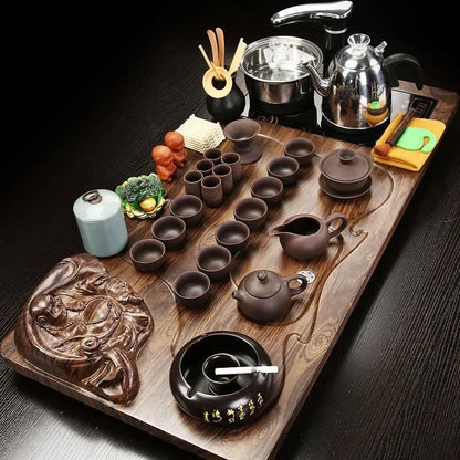 Solid Wood Tea Tray with Purple Sand Kung Fu Tea Set & Induction Cooker – Premium Chinese Gongfu Teaware