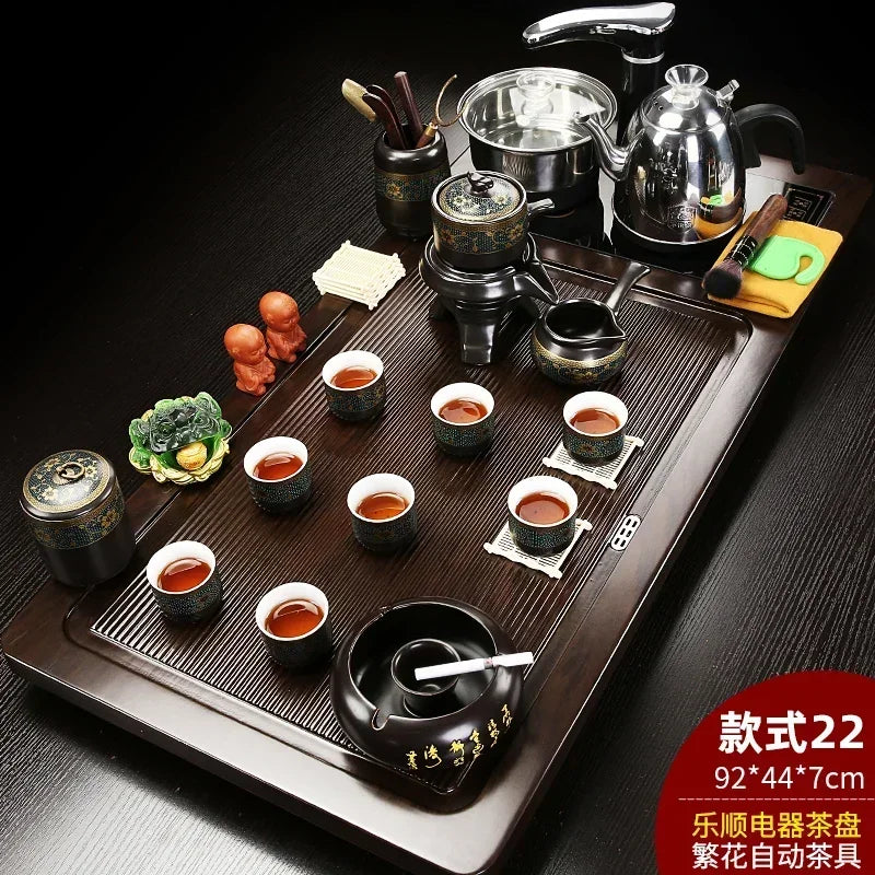 Solid Wood Tea Tray with Purple Sand Kung Fu Tea Set & Induction Cooker – Premium Chinese Gongfu Teaware