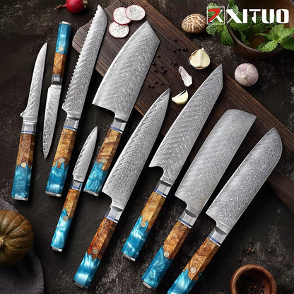 Japanese 67-Layer Damascus Steel Kitchen Knife Set Utility Knife Meat Slicer Vegetable Knife Boning Knife Ergonomic Handle