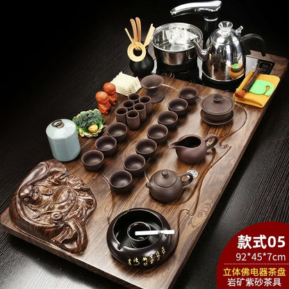 Solid Wood Tea Tray with Purple Sand Kung Fu Tea Set & Induction Cooker – Premium Chinese Gongfu Teaware
