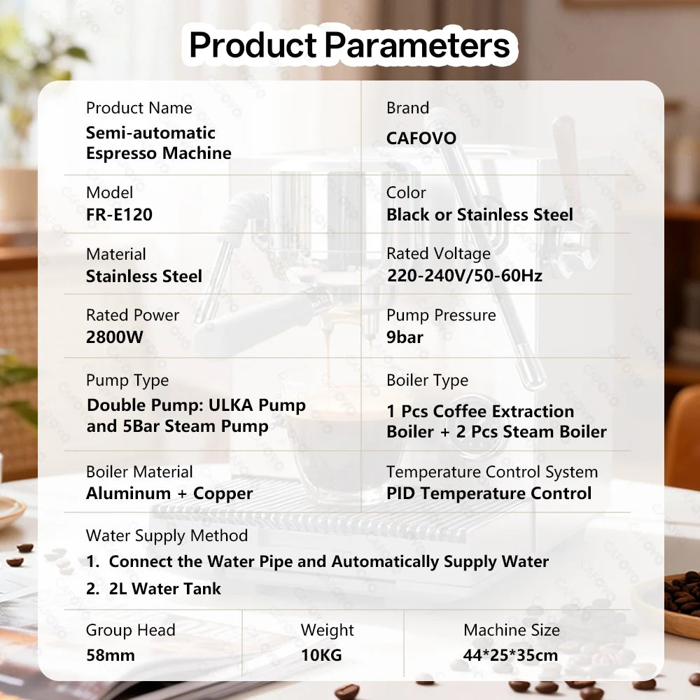 CAFOVO E120 9Bar Commercial Dual Boiler Espresso Machine ULKA Pump OPV System with OLED Display for Cafe Coffee Maker 220V