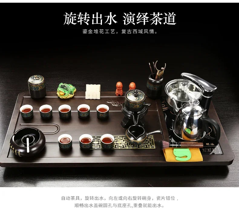 Solid Wood Tea Tray with Purple Sand Kung Fu Tea Set & Induction Cooker – Premium Chinese Gongfu Teaware