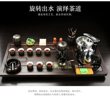 Solid Wood Tea Tray with Purple Sand Kung Fu Tea Set & Induction Cooker – Premium Chinese Gongfu Teaware