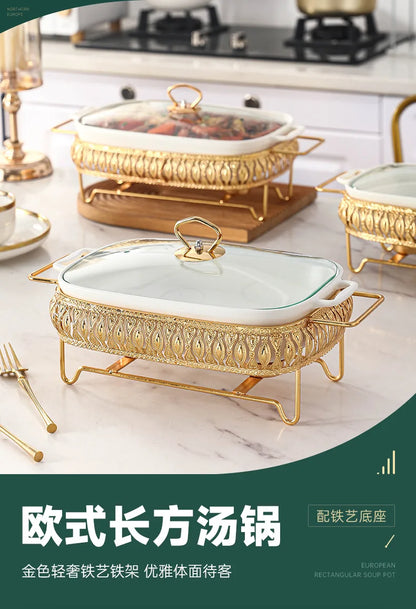 Light Luxury Square Dinnerware Set with Lid and Candle Holder, Nordic Style Ceramic Hot Pot Tableware