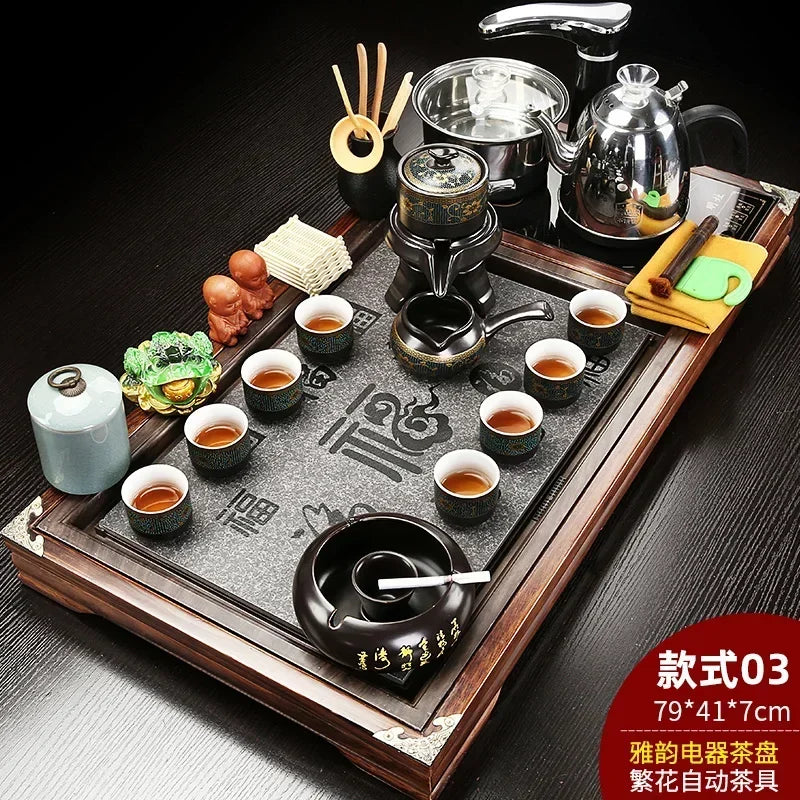 Solid Wood Tea Tray with Purple Sand Kung Fu Tea Set & Induction Cooker – Premium Chinese Gongfu Teaware