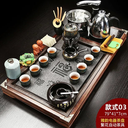 Solid Wood Tea Tray with Purple Sand Kung Fu Tea Set & Induction Cooker – Premium Chinese Gongfu Teaware