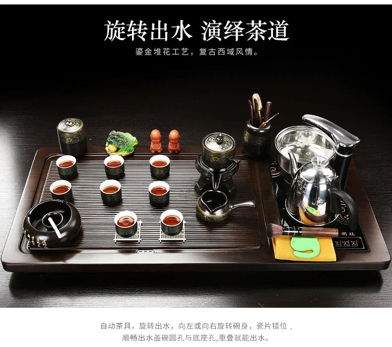 Solid Wood Tea Tray with Purple Sand Kung Fu Tea Set & Induction Cooker – Premium Chinese Gongfu Teaware