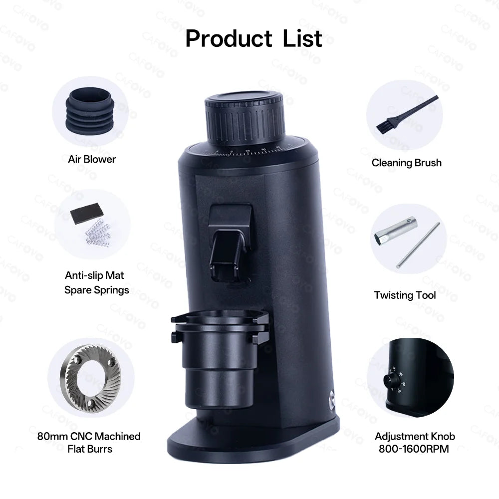 CAFOVO G180FV Electric Coffee Bean Grinder 80mm Flat Burrs 800-1600RPM Stepless Grind Plasma Anti Static Single Dose Grinder