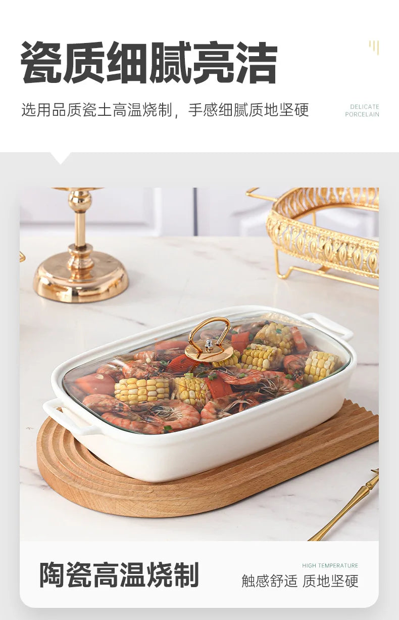 Light Luxury Square Dinnerware Set with Lid and Candle Holder, Nordic Style Ceramic Hot Pot Tableware