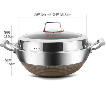 KENGQIANG Double ear 316 Stainless steel deep thick flat bottomed stew wok cooking pot non stick home frying pan cookware