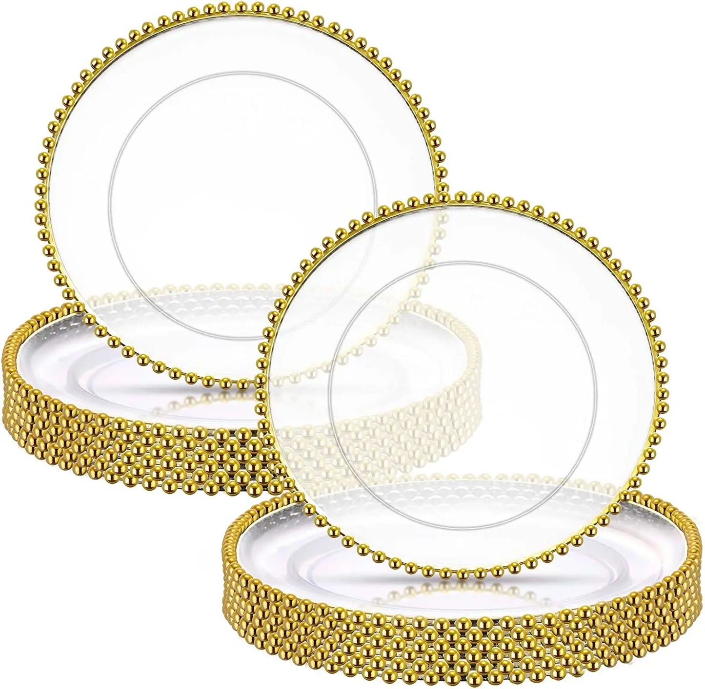16pcs/30pcs/50pcs/100pcs/200pcs Clear Plastic Charger Plates with Gold Beads Rim Acrylic Decorative Service Plate