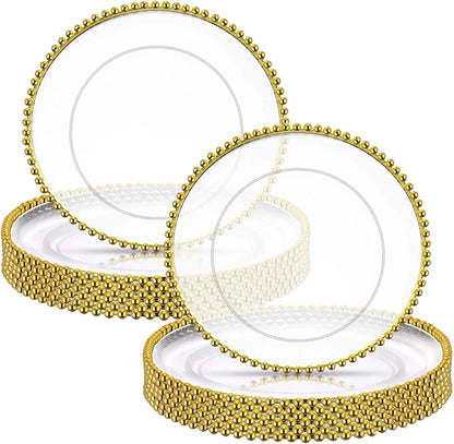16pcs/30pcs/50pcs/100pcs/200pcs Clear Plastic Charger Plates with Gold Beads Rim Acrylic Decorative Service Plate