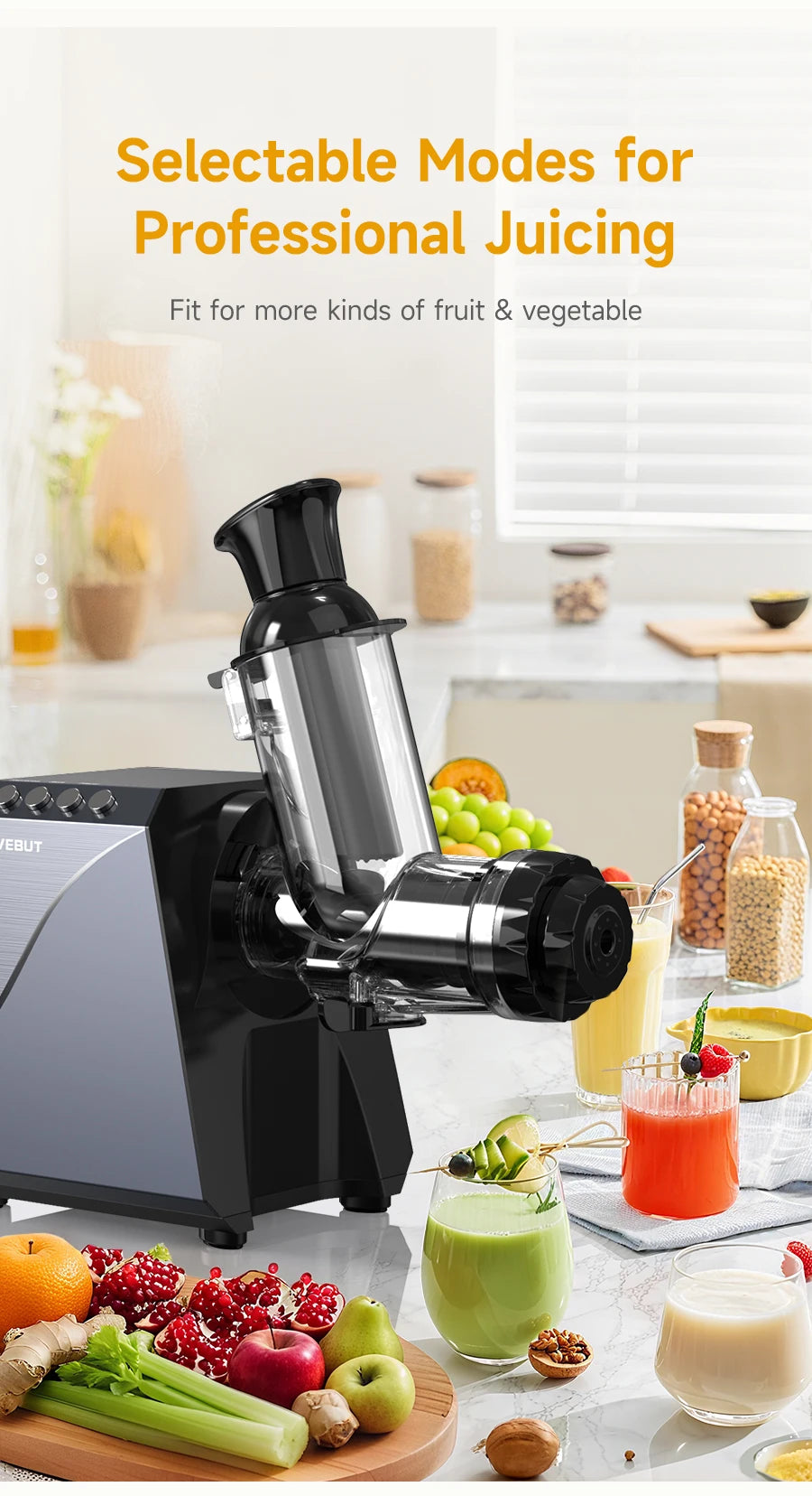 LUFVEBUT Large Calibre Slow Juicer 250W Cold Press Masticating Extractor BPA Free High Juice Yield Safe Kitchen Gadget