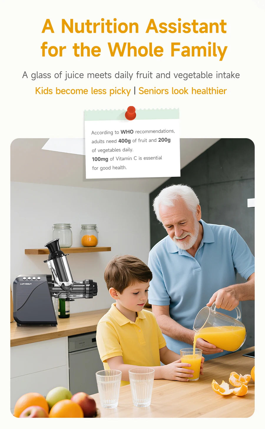 LUFVEBUT Large Calibre Slow Juicer 250W Cold Press Masticating Extractor BPA Free High Juice Yield Safe Kitchen Gadget