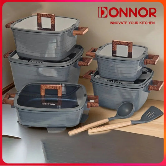DONNOR 15-Piece Non-Stick Cookware Set – Square Soup Pot, Frying Pan, Milk Pot & Stew Pots with Bakelite Handles