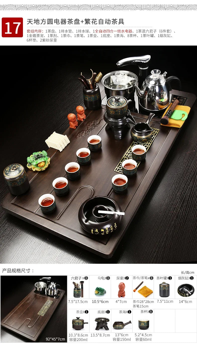 Solid Wood Tea Tray with Purple Sand Kung Fu Tea Set & Induction Cooker – Premium Chinese Gongfu Teaware