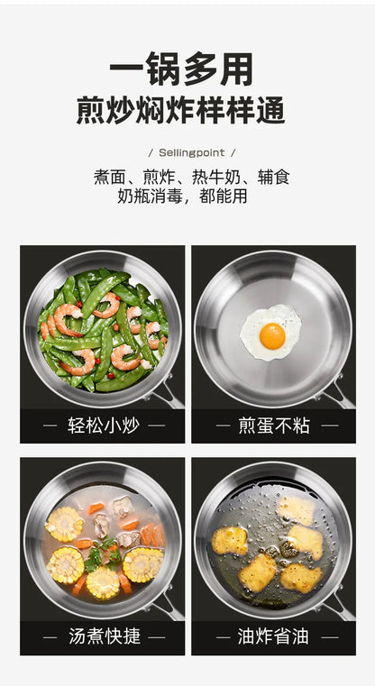 Stainless Steel Frying Pan 316 Stainless Steel Flat Bottomed Frying Pan Deep Uncoated Induction Cooker Vegetable Frying Pan