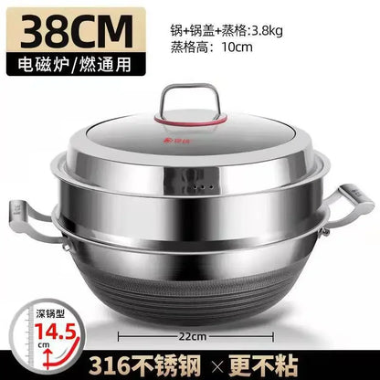 KENGQIANG Double ear 316 Stainless steel deep thick flat bottomed stew wok cooking pot non stick home frying pan cookware