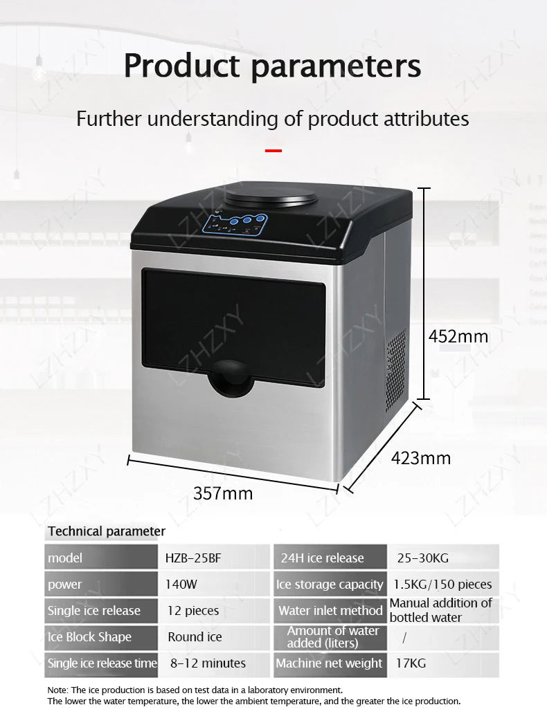 25KG Ice Maker Electric Commercial Ice Cube Maker Small Household Multifunctional Bottled Water Automatic English Panel