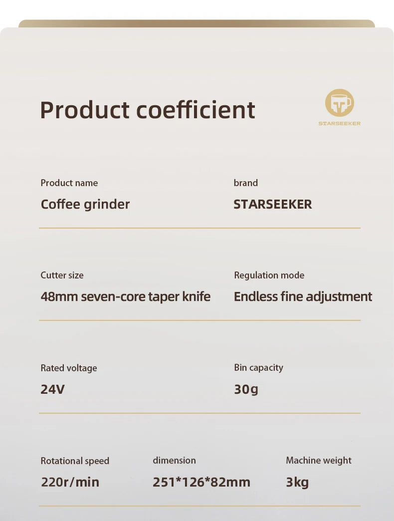 STARSEEKER EDGE Stainless Steel Burr Coffee Grinder 48MM Espresso Stepless Fineness Adjustment Electric Coffee Grinders Black