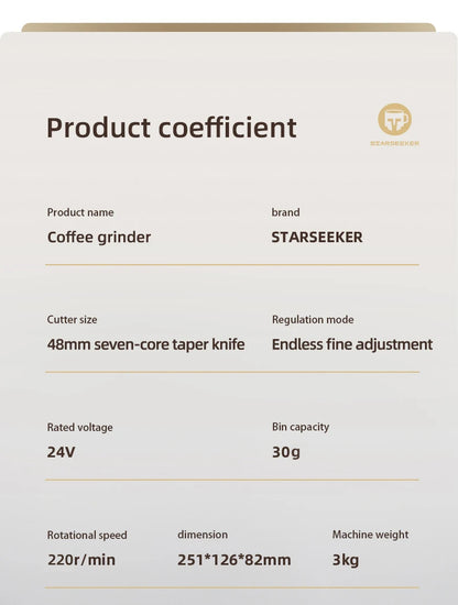 STARSEEKER EDGE Stainless Steel Burr Coffee Grinder 48MM Espresso Stepless Fineness Adjustment Electric Coffee Grinders Black