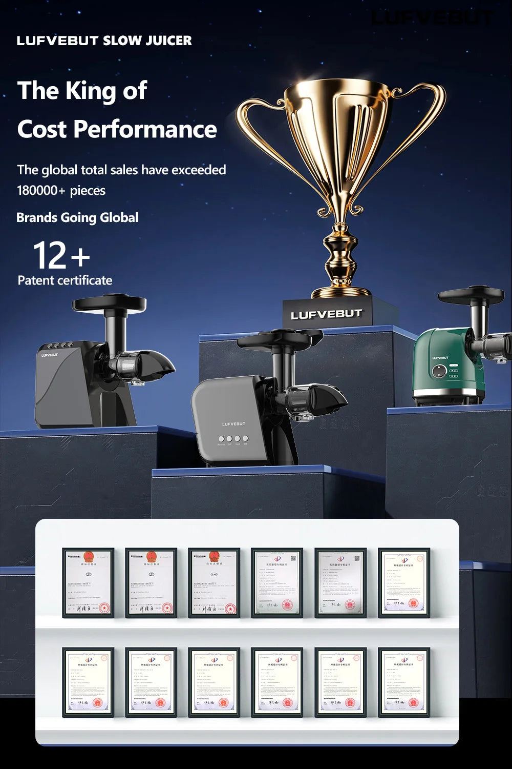 LUFVEBUT Large Calibre Slow Juicer 250W Cold Press Masticating Extractor BPA Free High Juice Yield Safe Kitchen Gadget