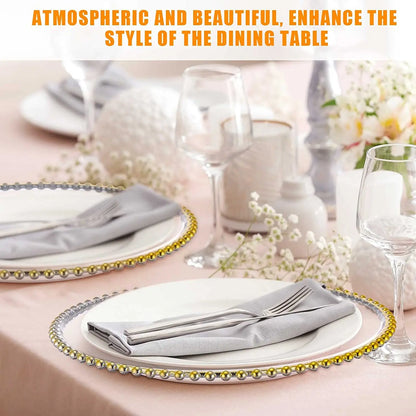 16pcs/30pcs/50pcs/100pcs/200pcs Clear Plastic Charger Plates with Gold Beads Rim Acrylic Decorative Service Plate