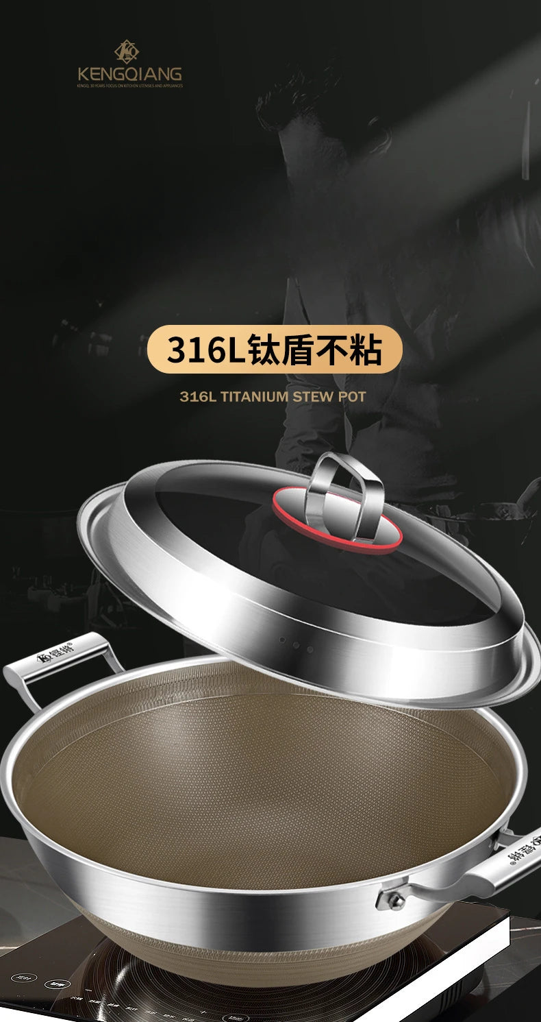 KENGQIANG Double ear 316 Stainless steel deep thick flat bottomed stew wok cooking pot non stick home frying pan cookware